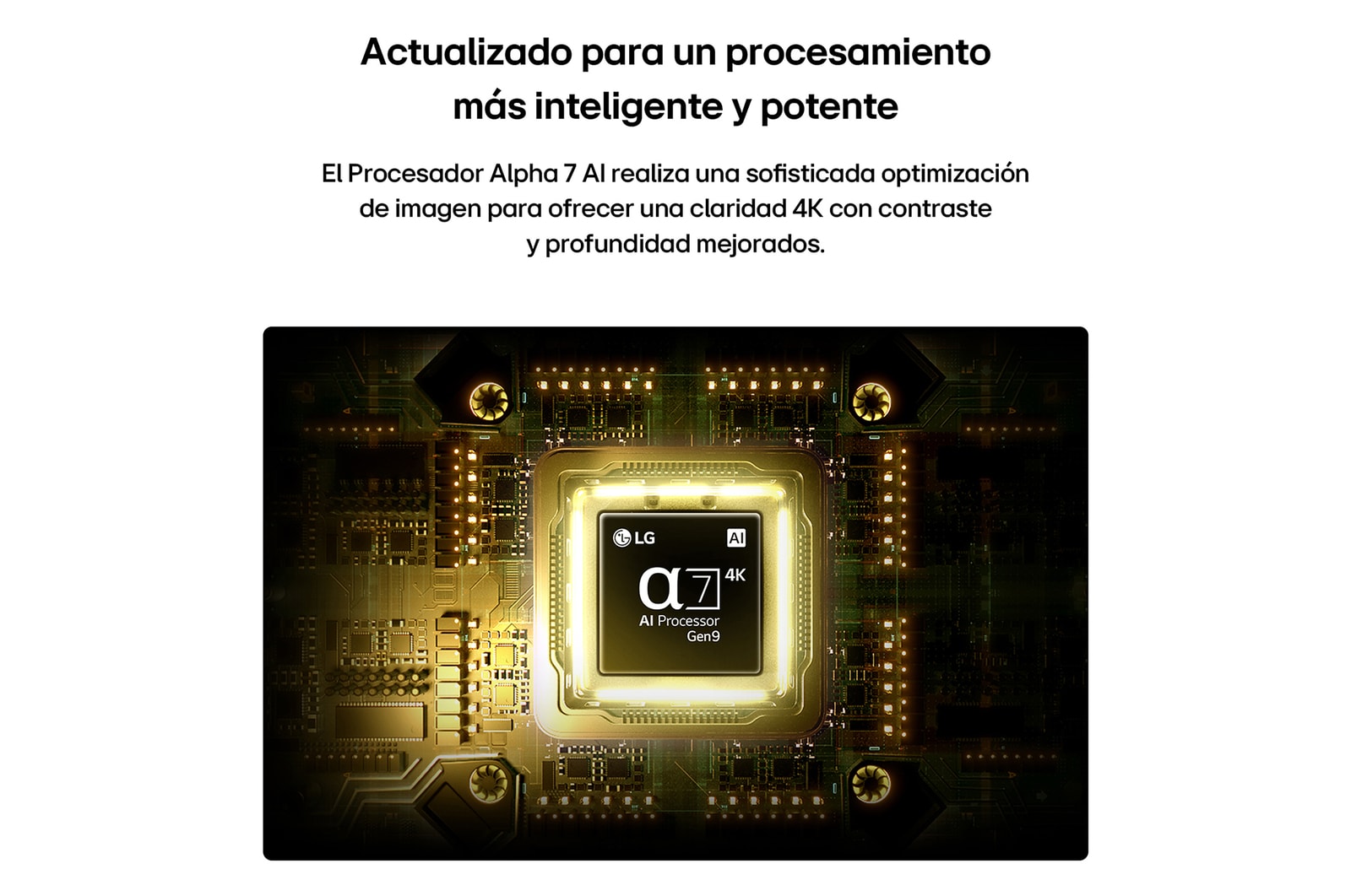 LG QNED AI QNED74 Mini LED’s alpha 7 AI Processor 4K Gen9 glows at the center of a yellow circuit board, highlighting smarter, more powerful AI processing that enhances 4K image clarity with improved contrast and depth.